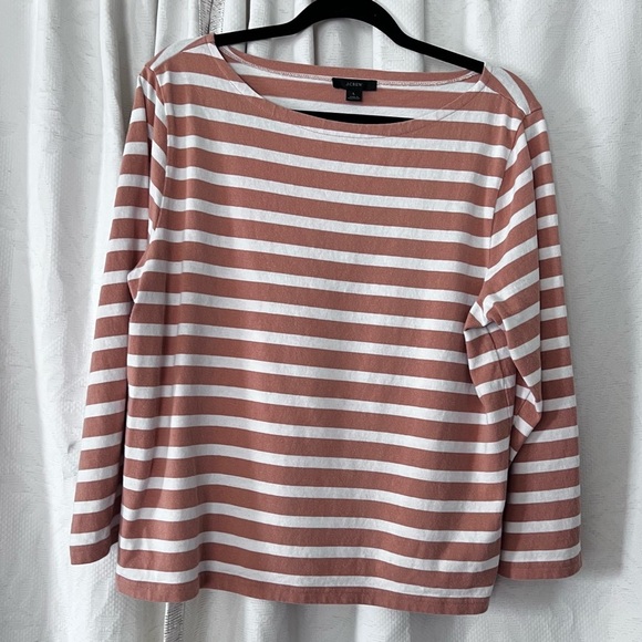 J Crew Basic Boat Neck Preppy Stripe 3/4 Cotton Tee in Tan and White size Large - Picture 2 of 12